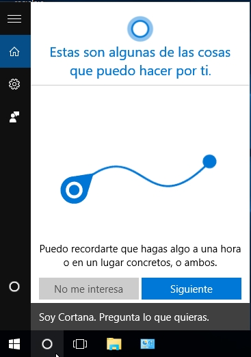 Captura que muestra el interfaz del asistenten personal que Windows 10 incorpora, llamado Cortana.