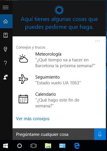 Muestra una captura de pantalla con el interfaz de Cortana listo para se utilizado.