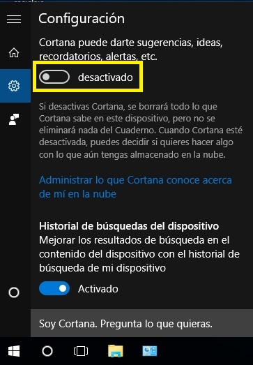 Muestra una captura de pantalla donde aparece con un recuadro el lugar del interfaz donde hay que pulsar para activar Cortana