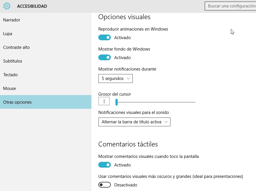 Muestra una captura de pantalla de otras opciones, dentro del menú de Accesibilidad a Windows 10.