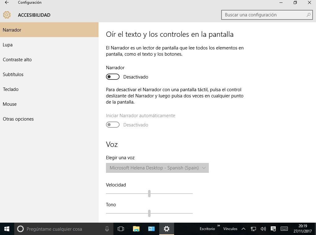 Captura de pantalla que muestra el interfaz de Accesibilidad, que incorpora Windows 10.