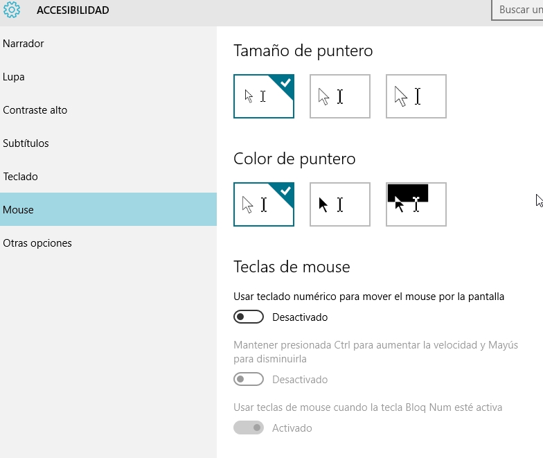 Muestra una captura de pantalla de Mouse, dentro del menú de Accesibilidad a Windows 10.