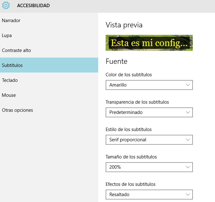 Captura de pantalla de Windows 10, donde se muestra el detalle de la configuración de los subtitulos, dentro de la opción de accesibilidad.