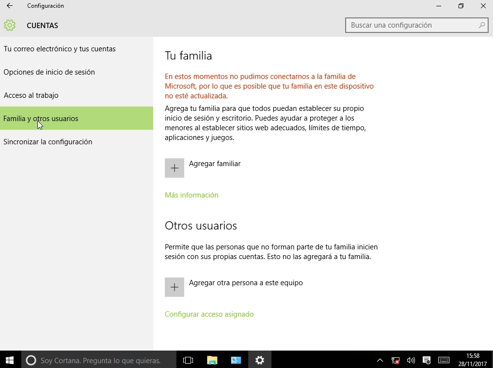 Captura de pantalla de Windows 10, que muestra la interfaz despues de acceder a configuración y cuentas. Se ve que se pueden crear 2 tipos de cuentas: familia y otros usuarios