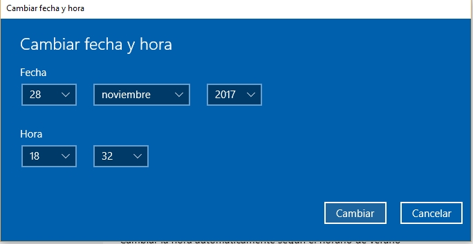 Captura del cuadro de dialogo que permite cambiar la fecha y hora en Windows 10. Aparece para introducir el dia, mes, año así como la hora y minutos.