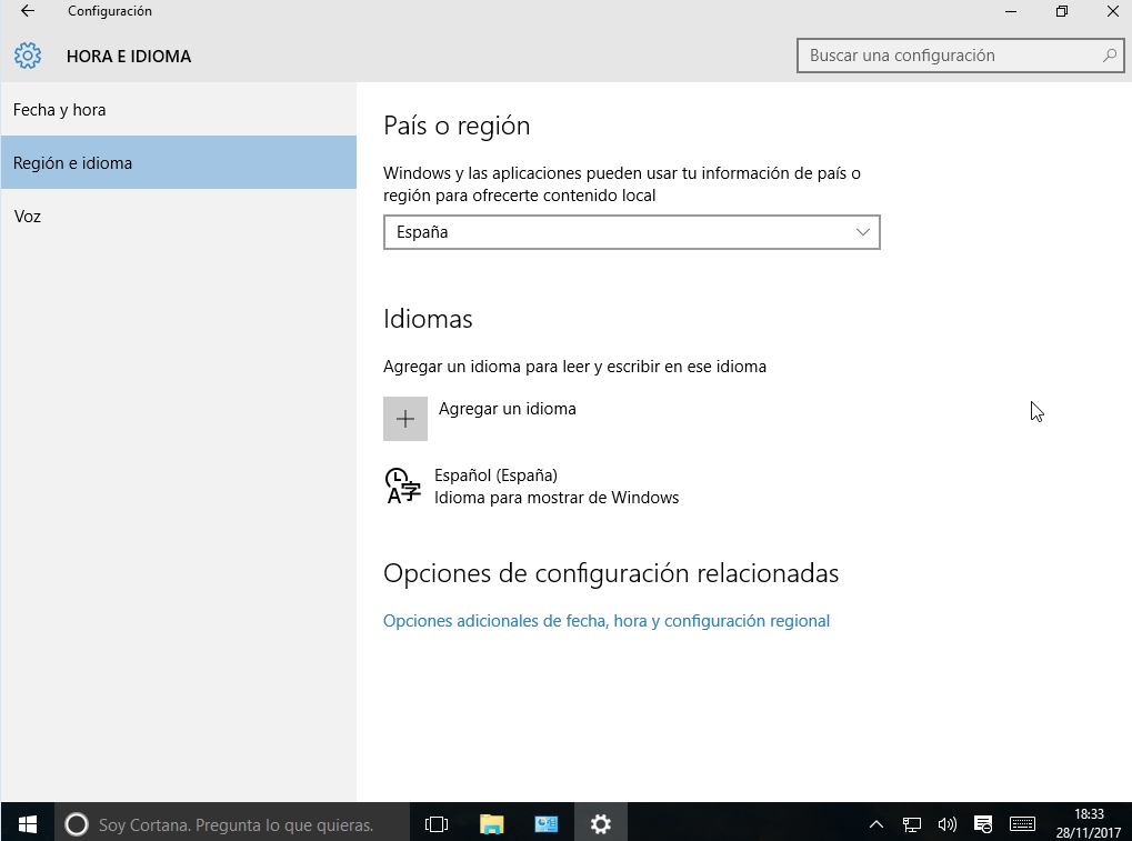 Captura de pantalla de Windows 10 con la ficha Región e idioma.