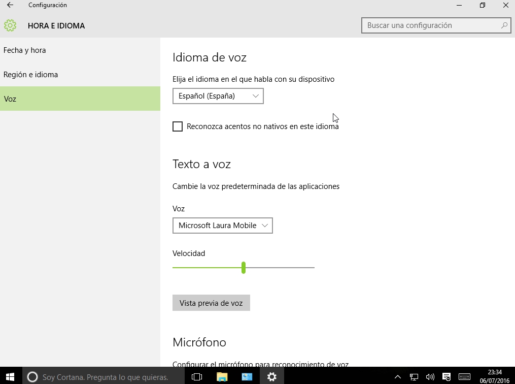 Pantalla de Windows 10 que muestra las opciones básicas de configuración del sistema de voz.