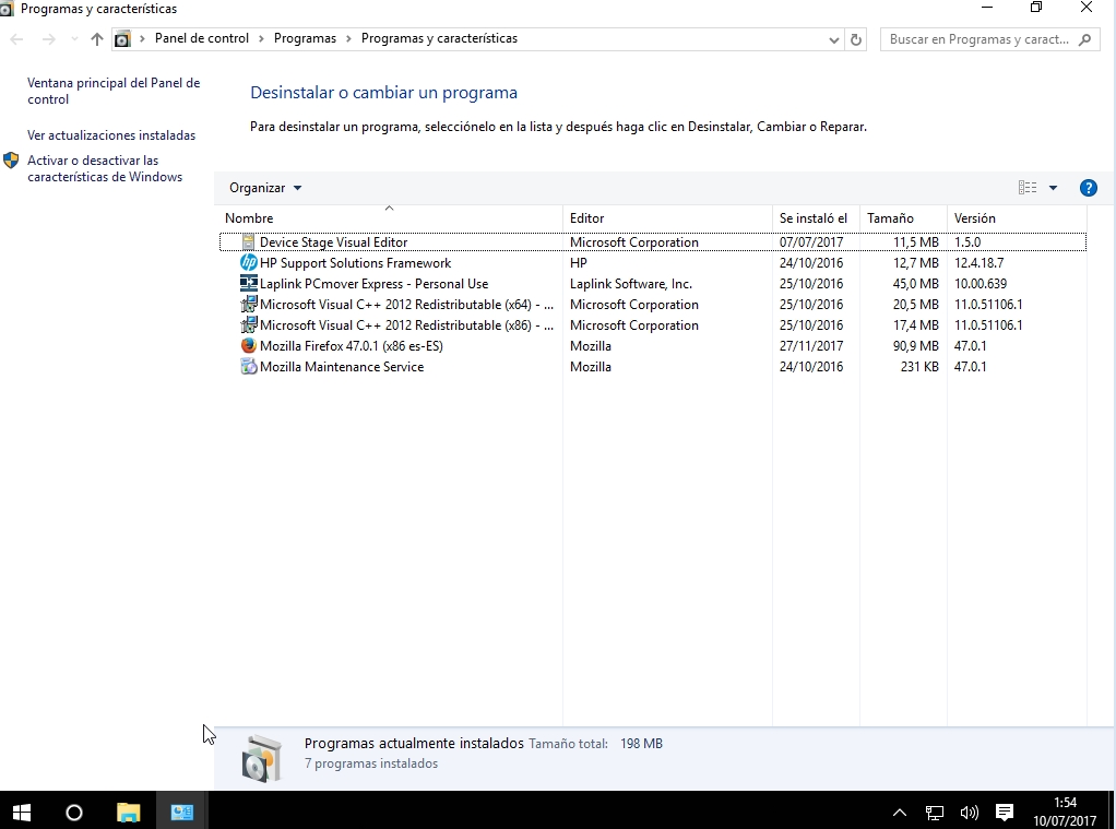 Captura de pantalla de Windows 10, qué muestra los programas de usuarios que el sistema tiene instalados. Desde esta interfaz se pueden desinstalar, cambiar o reparar.