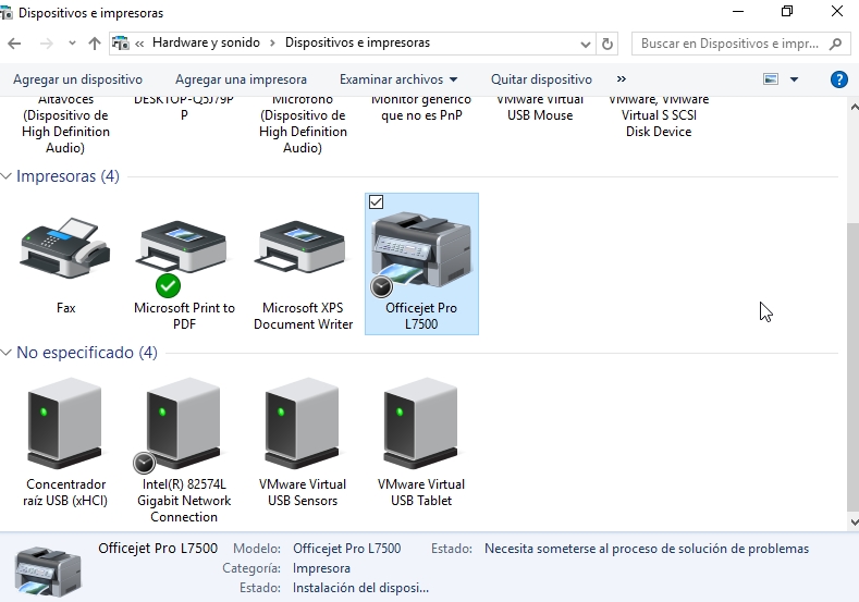 Captura de pantalla de windows 10, qué muestra los dispositivos e impresoras.