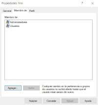Muestra la ventana de las Propiedades de la cuenta de usuario 'Trini' en Administración de equipos de Windows 10.