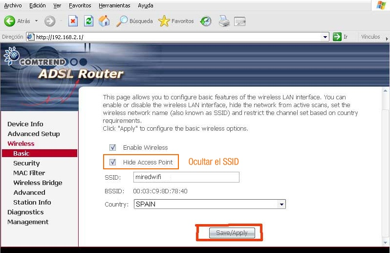 Pantalla de la interfaz de configuración de un router Wifi donde aparece la opción de ocultación del SSID o nombre de la red.