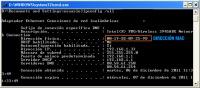 Pantalla de Ms-DOS con la ejecución del comando pconfig para averiguar la dirección MAC de una tarjeta inalámbrica.