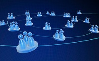 Fondo azul con grupos de usuarios dispersos geográficamente pero conectados entre sí.