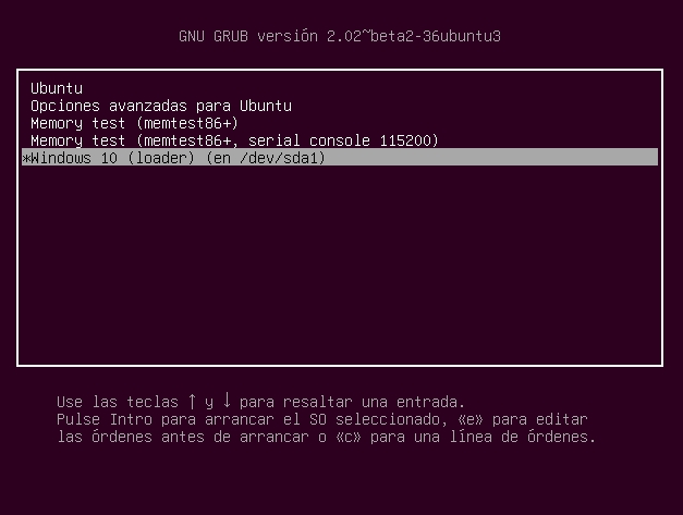 Captura gestor de arranque grub, en el que se muesra dos sistemas instalados Ubuntu y Wiundows 10.
